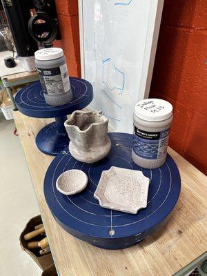 Pieces with glaze and banding wheels