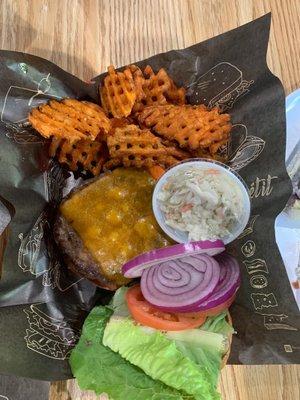 Cheeseburger and Waffle fries