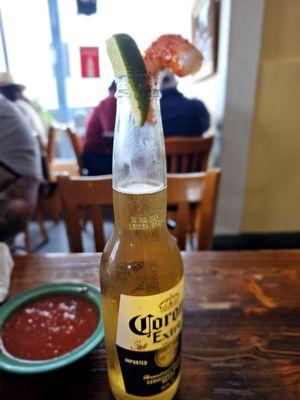 Corona with lime and cocktail shrimp