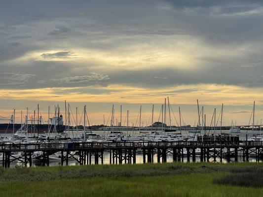 The boats in the harbor.