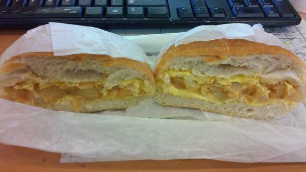 Always hits the spot.  Potato, egg and mozzarella on a roll.