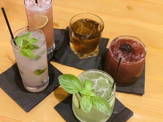 Hard 5Rocks Lemonade, 5 Rocks Old Fashioned, BlackBerry Bourbon Smash, Cucumber Basil Gin Smash, and Lavender Mint Lemonade