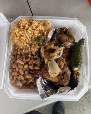 Whole chicken with rice beans tortilla and salsa  $22 Half chicken with rice beans tortilla and salsa  $12