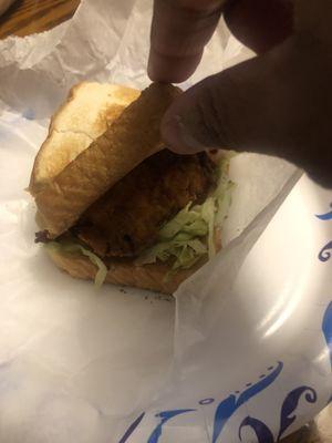 Inside view of spicy chicken sandwich.