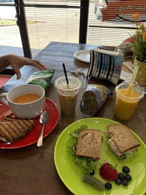 Chicken salad sandwich and tomato basil soup.