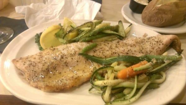 Broiled whitefish and grilled vegetables.