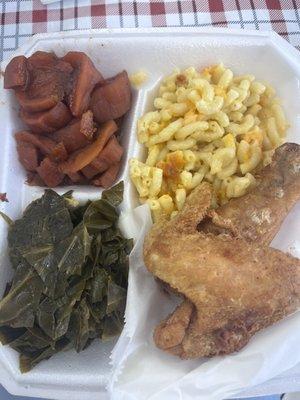 Chicken, collard greens, candied yams, and of course Mac n cheese