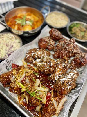 Signature 3 Flavors Fried Chicken , TOPOKKI , Cabbage mix, Macaroni Salad , Gimmal