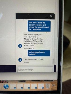 verification in chat with Groupon that the cruise is suppose to include one free margarita per person.