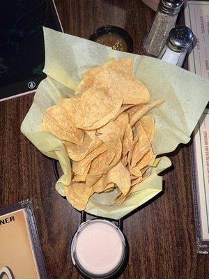 Chips & salsa (top), creamy hot tomato sauce (bottom, comes cold)