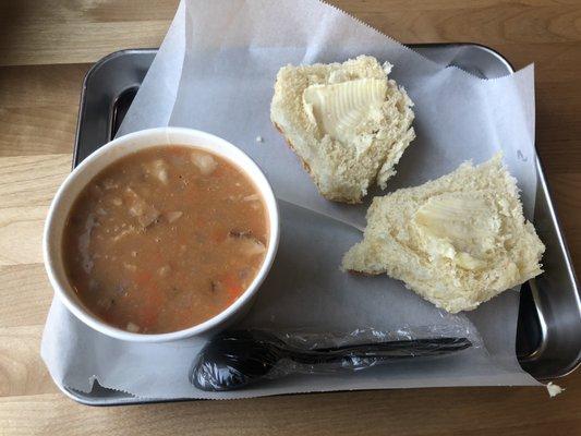 Bacon & bean soup with homemade buttered sourdough