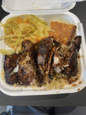 Regular Meals jerk chicken,  rice & beans, cabbage,  and corn bread.