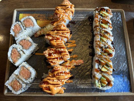 Spicy Tuna Roll, Yum Yum Roll, Eel + Avocado Roll