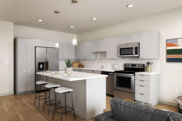 Rendering of the ktichen area with a kitchen island