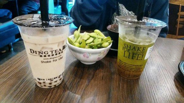 Signature milk tea & kiwi green tea, both regular size with golden boba. Paired with edamame from Mamma's Sushi next door c: