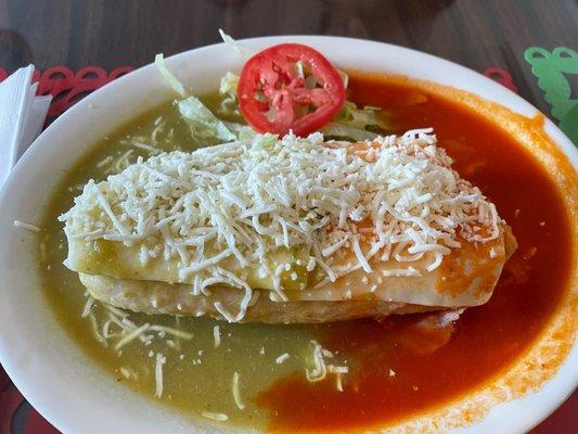 Chicken burrito with red & green sauce