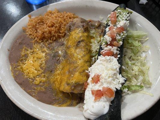 Two item combo: 1 enchilada and one flauta with rice and beans