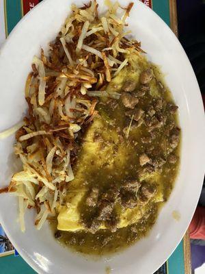 Pork green chili and cheese omelet.