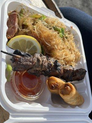 Pancit combo with BBQ Pork Skewer and Pork Lumpia