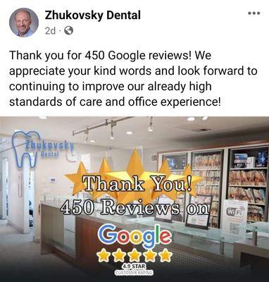 Thank you for 450 Google reviews! We appreciate your kind words and look forward to continuing to improve our already high standards of care