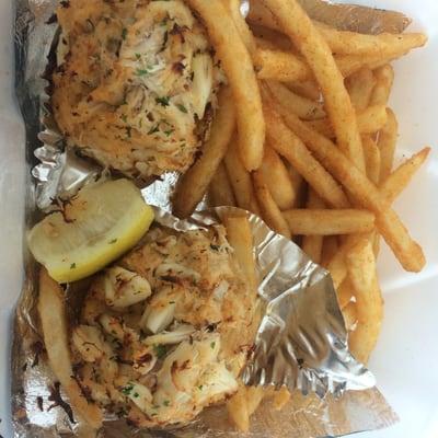 Broiled crab cakes with crabby fries