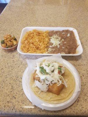 Fish taco, cucumber salsa, rice and beans...yummy!