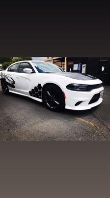 Dodge Charger with the hood satin black and stickers done by yours truly.