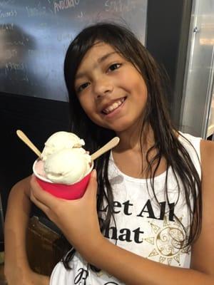 The oldest got two scoops - her shirt says "Let all that you do be done in love."