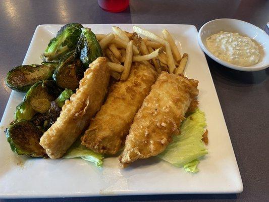 Fish & chips, with Brussels sprouts