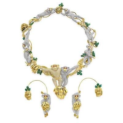 Suite of Monkey Themed Diamond Emerald and Ruby Jewelry Elizabeth Taylor