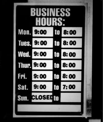 A much better shot of their hours!