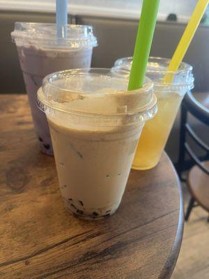 Taro milk tea, salted foam latte, and a pineapple tea