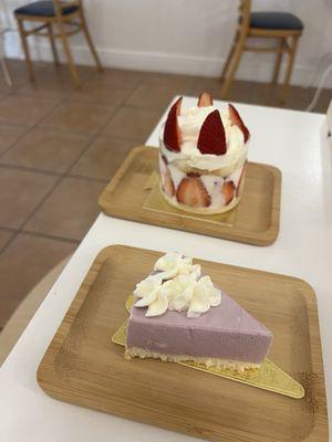 Ube mousse, strawberry cake