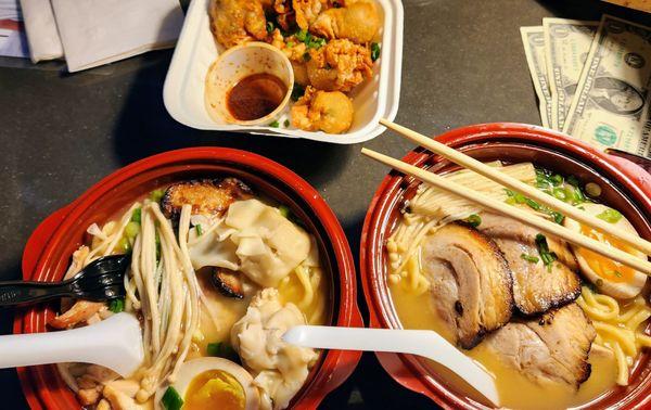 Tomo Ramen with wonton, Crispy Wontons & Tonkotsu Ramen.