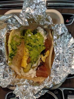 Maple bacon breakfast taco, add avocado sauce and queso fresco