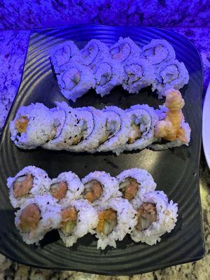 California Roll, Shrimp Tempura Roll, & Spicy Salmon Roll