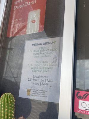 Vegan menu