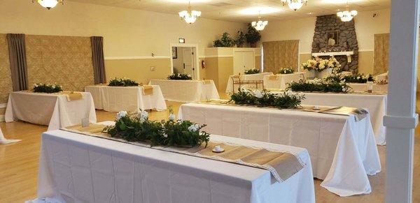 Wedding Reception with rectangular tables (white chairs from patio used)