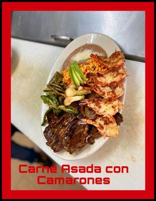 Carne asada con camarones