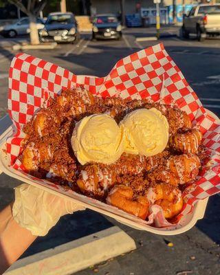 Maple Bacon Mini Donuts topped with Vanilla Ice cream