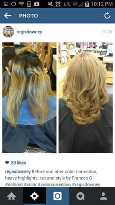 Tere's awful work on hair on left side and the color correction that was done at Regis Salon in Downey.