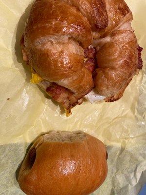 Bacon egg croissant and a sausage kolache