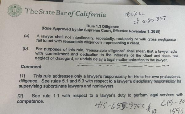 Yorkey "unduly delayed" service to us in violation of Bar Rule, 1.3, Diligence.