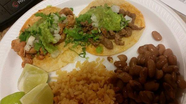 Taco guys came to my job for an event! Chicken and beef tacos with rice & beans