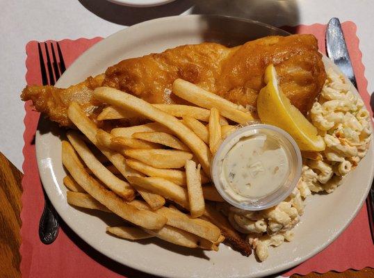 Beer battered with fries and double mac salad instead of coleslaw