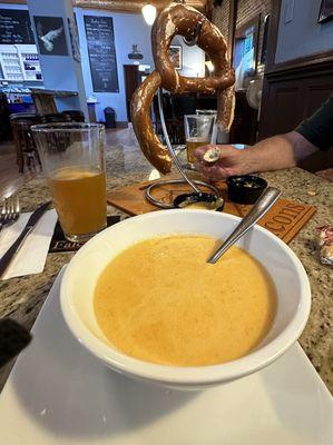 Lobster bisque and huge pretzel