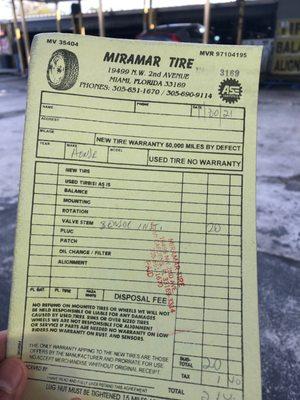 Receipt for tire pressure monitor