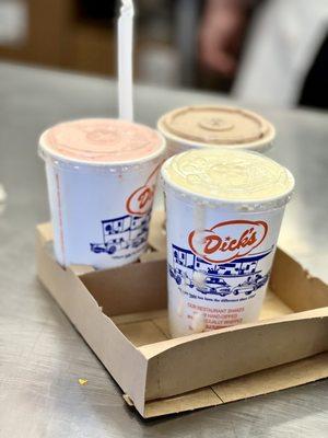 Strawberry, chocolate, & vanilla thick shakes $3.20 ea