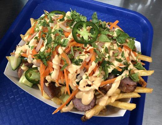 Banh Mi fries with a sliced brat