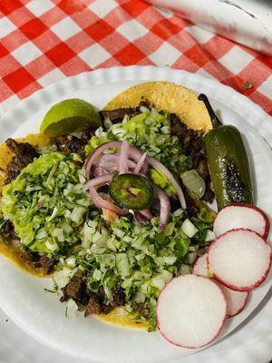 Carne Asada. Fresh handmade corn tortillas and charcoal grilled meats.